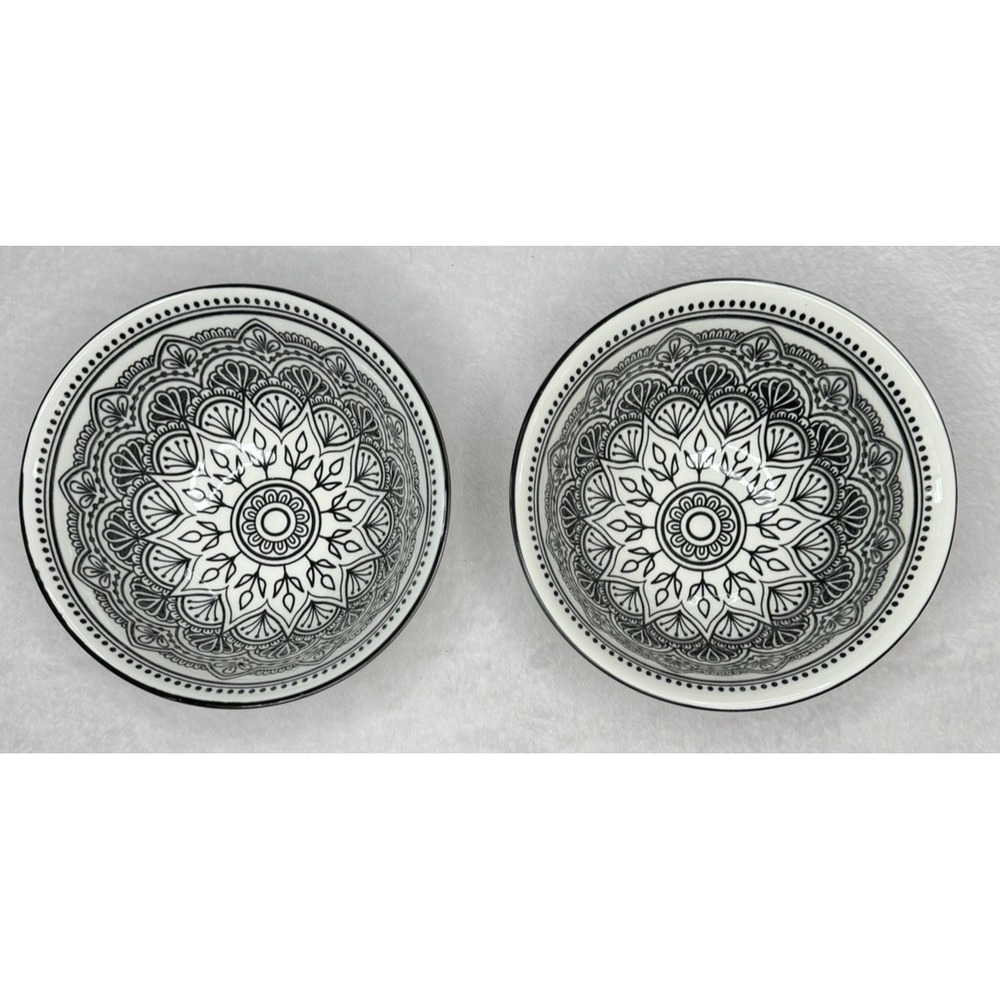 2 Royal Norfolk Black & White Mediterranean Mandala Pattern Soup Bowls 6" EUC